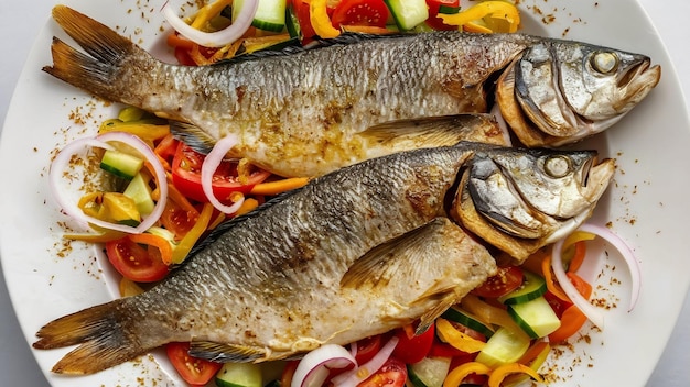 Gegrillter Fisch mit Gemüsesalat, Zwiebeln und Sumach