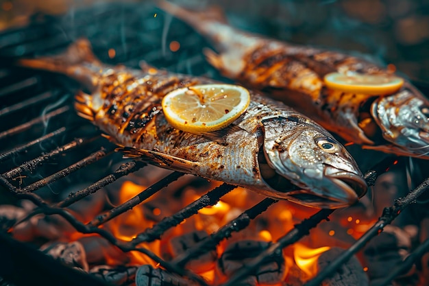 Foto gegrillter fisch mit zitrone und gewürzen auf dem alten grill