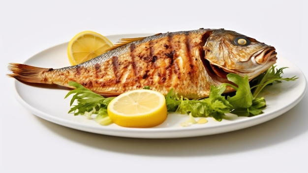 gegrillter Fisch mit Zitrone und Salat