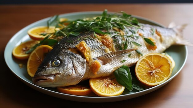 gegrillter Fisch mit Zitrone und Salat