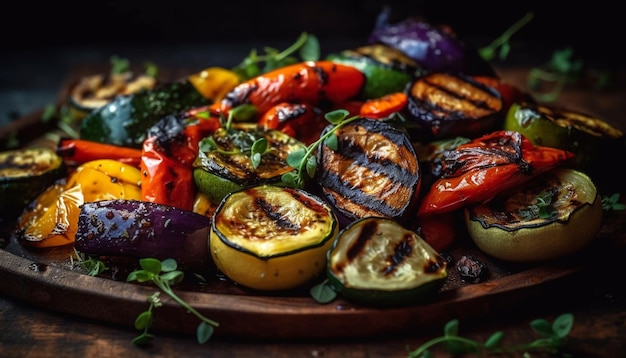 Gegrillter Gemüseteller mit frischen Tomaten und Auberginen, generiert von AI