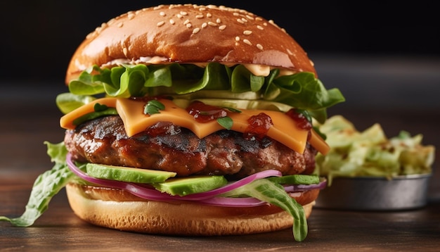 Gegrillter Gourmet-Cheeseburger auf rustikalem Ciabatta mit von KI generierten Pommes