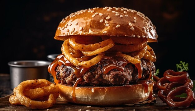 Gegrillter Gourmet-Cheeseburger mit Pommes und Ketchup, generiert von KI