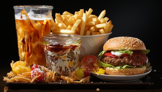 Foto gegrillter gourmet-cheeseburger und pommes, eine mahlzeit für ungesunde ernährung, generiert durch künstliche intelligenz