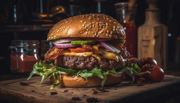 Gegrillter Gourmet-Rindfleischburger auf Sesambrötchen, generiert von KI