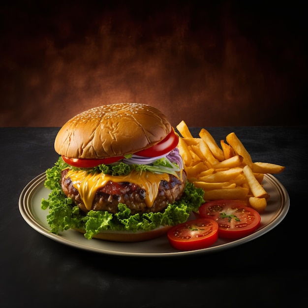 Gegrillter Hamburger mit Rindfleischpastetchen, Zwiebeln, Tomaten, Salat, eingelegter Gurke und Cheddar-Käse