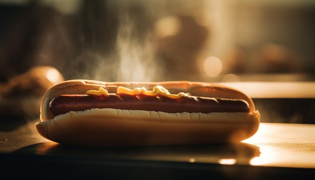 Gegrillter Hot Dog auf Brötchen mit Ketchup, generiert von KI