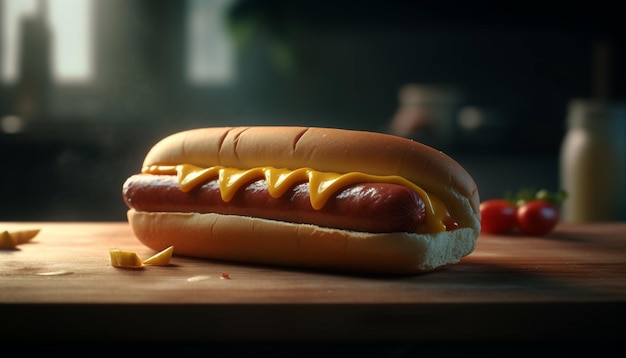 gegrillter Hotdog auf einem Brötchen mit Ketchup eine klassische amerikanische Mahlzeit, die von künstlicher Intelligenz erzeugt wurde