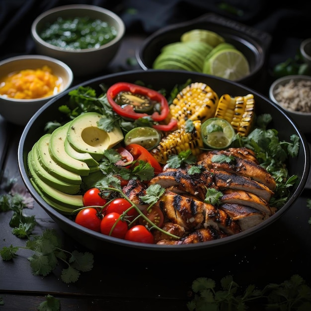 Gegrillter Hühnersalat mit Avocado und Gemüse in einer schwarzen Schüssel