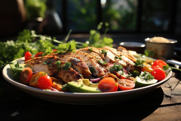 Gegrillter Hühnersalat mit frischem Gemüse, serviert in einem sonnigen Garten