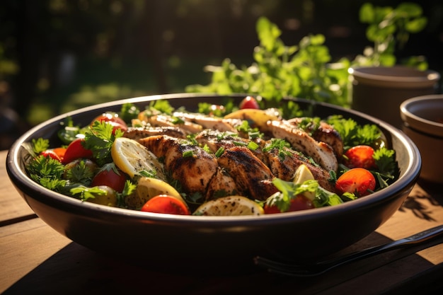 Gegrillter Hühnersalat mit frischem Outdoor-Gemüse in einem sonnigen Garten