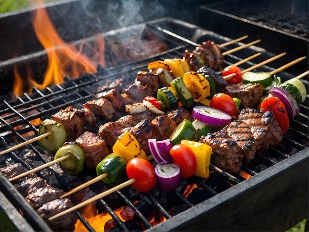 Foto gegrillter kebab mit gemüse auf dem grill in nahaufnahme