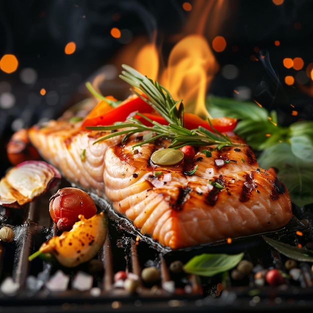 gegrillter Lachs begleitet von einer Reihe von lebendigen Gemüse sizzelt auf dem flammenden Grill