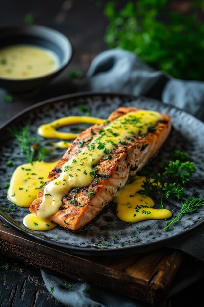 gegrillter Lachs mit Beilage auf einem Teller, der mit Soße besprüht ist