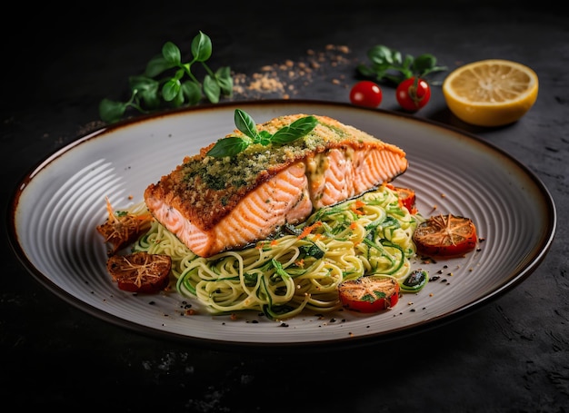 Gegrillter Lachs mit feiner Kräuterkruste und dazu Zucchini-Spaghetti mit getrockneten Tomaten