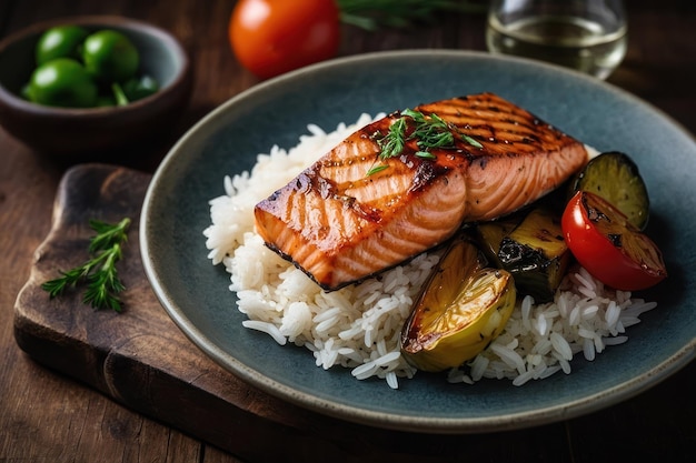 gegrillter Lachs mit geröstetem Gemüse und Reis