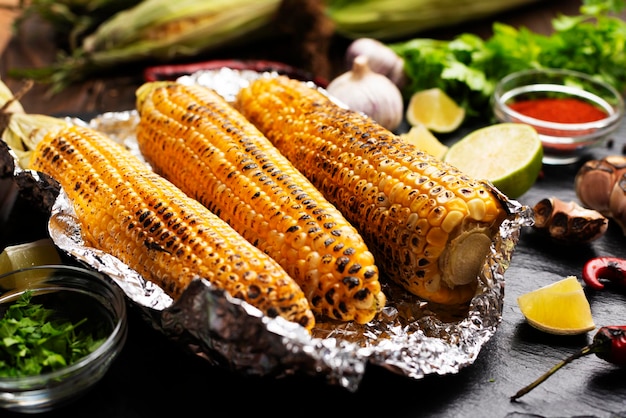 Foto gegrillter mais in zinnfolie auf dem küchentisch gesundes glutenfreies essen hintergrund