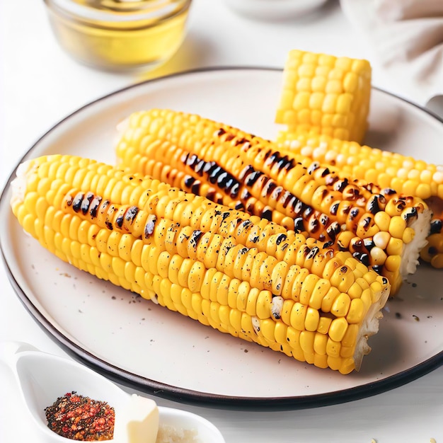 Gegrillter Mais mit Gewürzbutter und Knoblauch auf einem Teller auf dem weißen Tisch