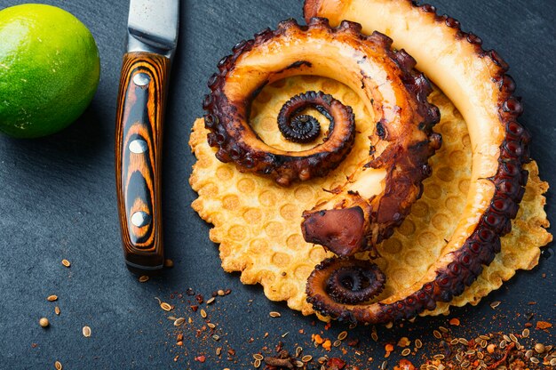 Gegrillter Oktopus auf Käsewaffel