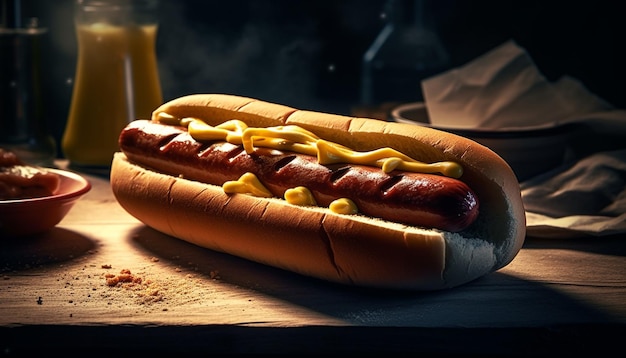 Gegrillter Rindfleisch-Hotdog auf Brötchen mit Ketchup und Pommes, generiert durch künstliche Intelligenz