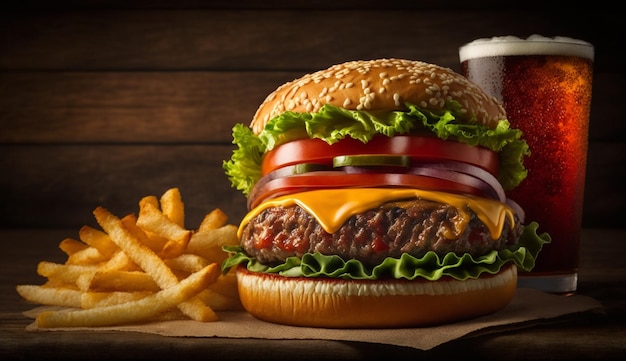 Gegrillter Rindfleischburger mit Käse und Pommes frites generativ AI