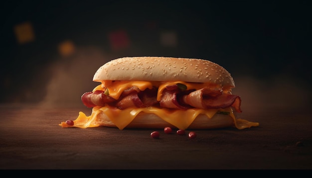 Gegrillter Rindfleischburger mit Käsespeck und Tomate auf Brötchen, generiert durch künstliche Intelligenz