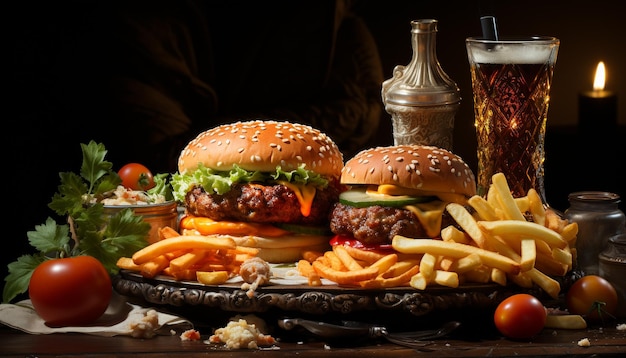 Gegrillter Rindfleischburger mit Käsetomaten und Pommes Frites auf einem Holztisch, generiert durch künstliche Intelligenz