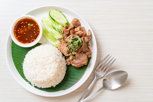 Gegrillter Schweinefleischknoblauch mit Reis mit würziger Sauce nach asiatischer Art