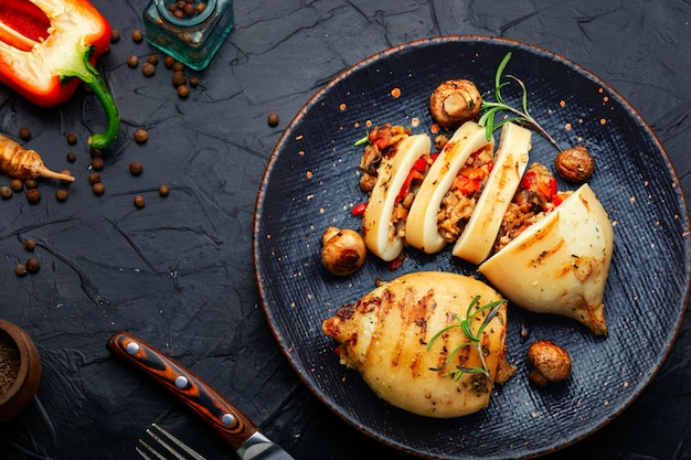 Gegrillter Tintenfisch mit Pilzfüllung