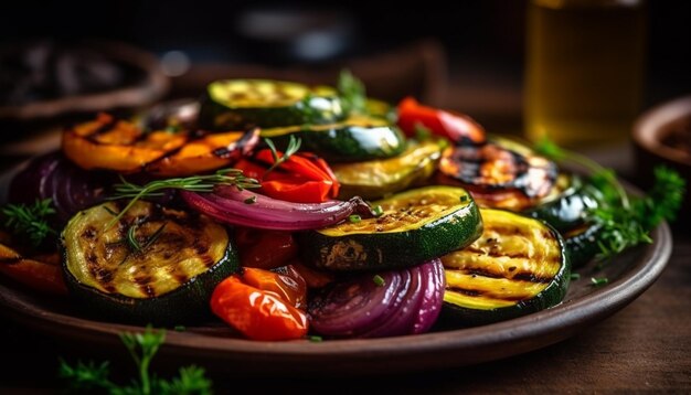 Gegrillter vegetarischer Vorspeisenteller mit Auberginen und Tomaten, generiert von KI