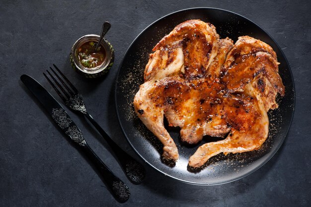 Gegrilltes Brathähnchen und scharfe Tomatensauce