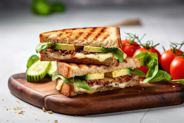 Gegrilltes Brotsandwich mit Gurkenfleisch, Käse, Salat und Tomaten auf einem Schneidebrett