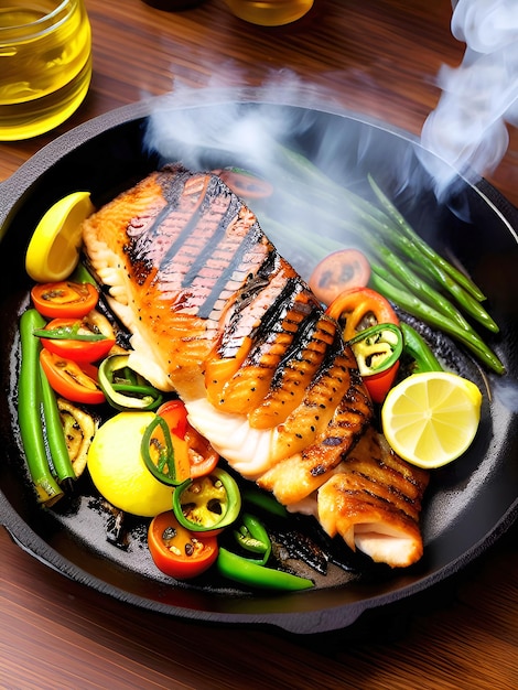 Gegrilltes Fischlachssteak auf dem Grill in Nahaufnahme