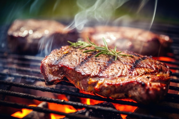 Gegrilltes Fläschchen mit Rosmarin auf einem flammenden BBQ-Grill in der Sommernatur