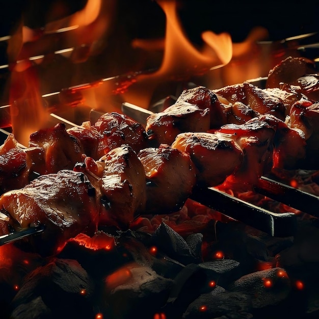 Gegrilltes Fleisch am Spieß liegt auf einem Barbecue-Grill mit heißen Kohlen und kleinen Flammenzungen von Ai