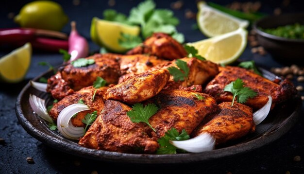 Gegrilltes Fleisch auf einem Teller ein Gourmet-Mittagessen frisch gekocht von künstlicher Intelligenz generiert