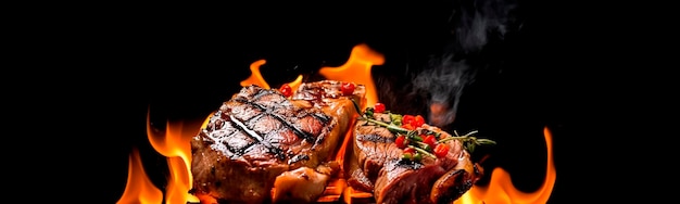 Gegrilltes Fleisch auf Feuer mit Gemüse wird Generative Ai gebraten