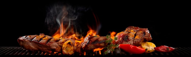 Gegrilltes Fleisch auf Feuer mit Gemüse wird Generative Ai gebraten