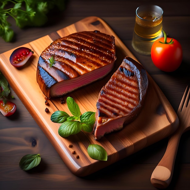 Gegrilltes Fleisch-Barbecue-Steak auf einem Holzbrett mit Kopierraum am alten Tisch, Draufsicht