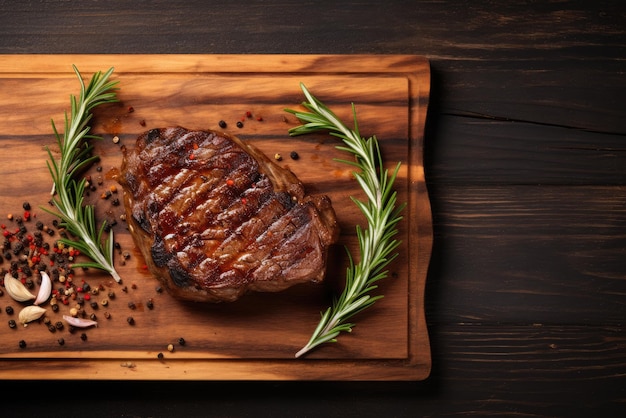 Gegrilltes Fleisch-Barbecue-Steak auf Holzschneidebrett mit Rosmarin und Kopierraum von oben