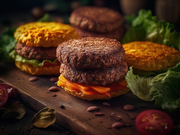 Foto gegrilltes fleisch-burger-patties mit gemüse-close-up-schuss, erstellt mit generative ai-technologie
