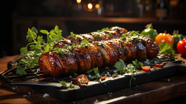 gegrilltes Fleisch mit Gemüse und Kräutern in der Pfanne auf dem Tisch