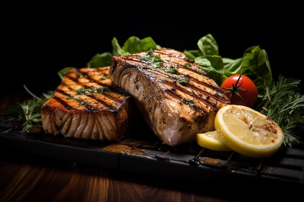 Gegrilltes Fleisch mit Zitrone und Zitrone auf schwarzem Hintergrund