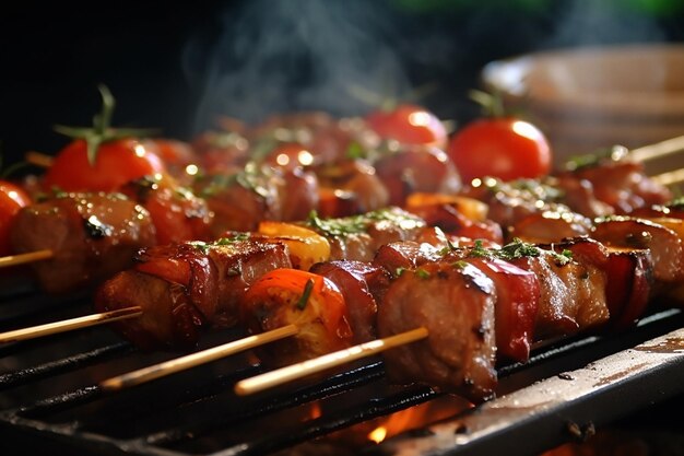 Gegrilltes Fleisch spießt Schaschlik auf Draufsicht des schwarzen Hintergrundes auf