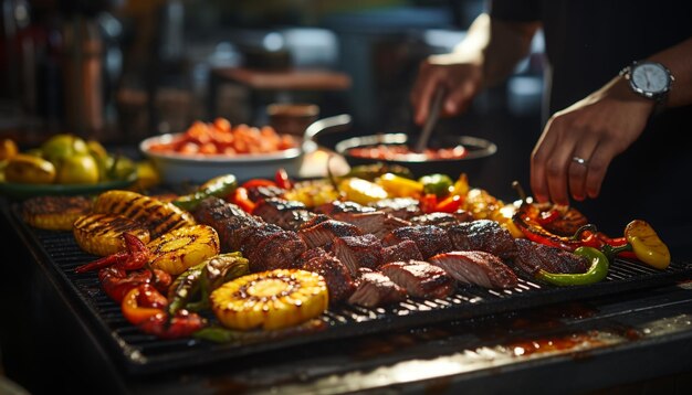 Foto gegrilltes fleisch und gemüse auf einem kohle-grill, perfekt für den sommer, erzeugt von künstlicher intelligenz