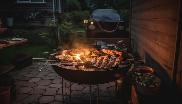 Gegrilltes Fleisch und Gemüse auf glühenden Spitzen, die von KI erzeugt werden