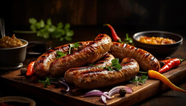 Gegrilltes Fleisch und Gemüse auf rustikalem Tisch, erzeugt von KI