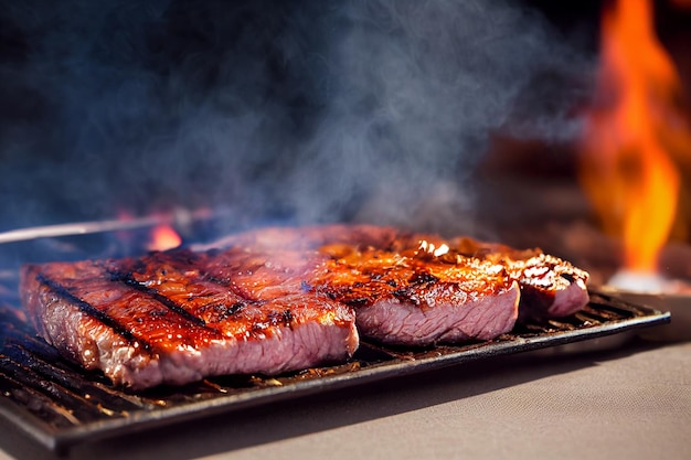 Gegrilltes Fleischsteak auf rostfreiem Grilldepot mit Flammen und Rauch auf dunklem Hintergrund Lebensmittel- und Küchenkonzept