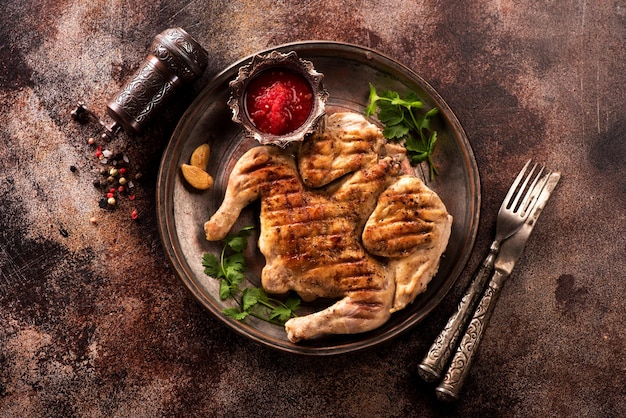 Foto gegrilltes gebratenes ganzes hähnchen mit gewürzen und tomatensauce