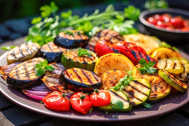 Foto gegrilltes gemüse auf einem teller auf einem holztisch im garten